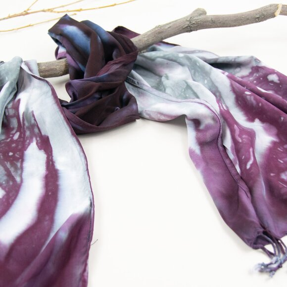 Eolande Tie Dye Scarf | Purple and Gray Hand-Dyed Fringe Rayon Wrap - Picture 2 of 3